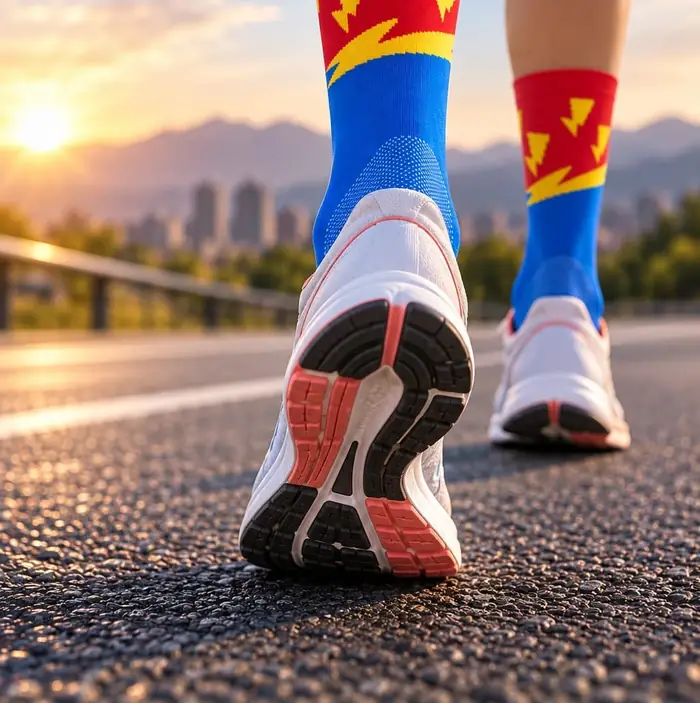 Medias de running rojas y azules con rayos amarillos