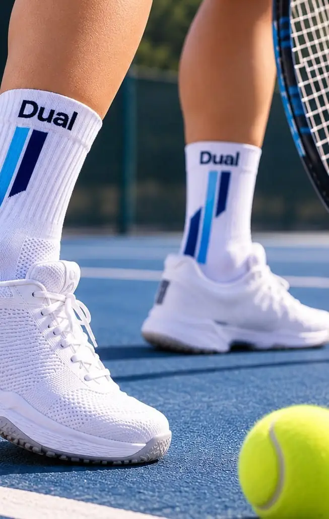 Medias blancas DUAL con franjas azules en cancha de tenis