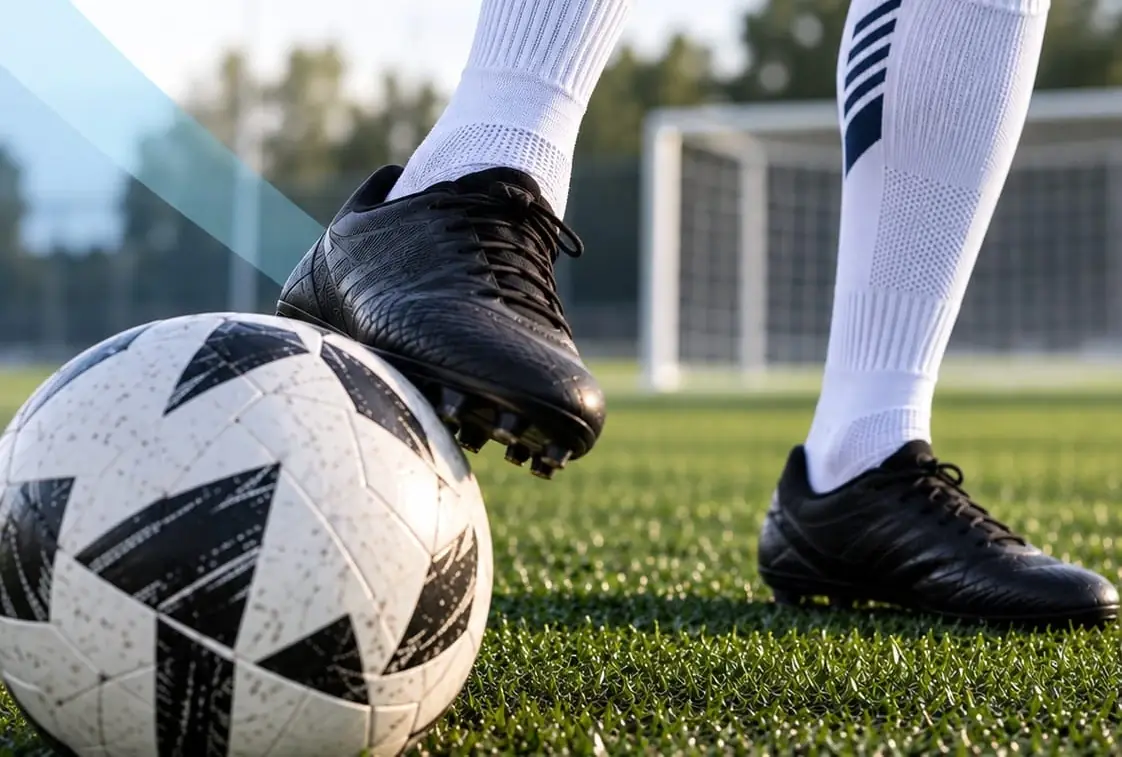 Jugador con medias de fútbol DUAL pisando el balón sobre la cancha